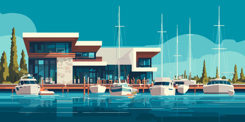 Luxurious modern waterfront villa with a private marina and docked yachts in a flat illustration style.