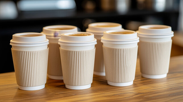 Six takeaway coffee cups with beige cardboard sleeves sit on a wooden counter