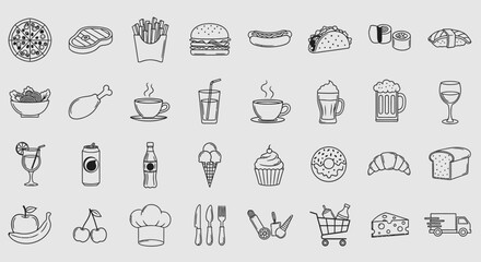 A collection of line art illustrations depicting various food and beverage items, arranged in rows.