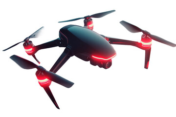 Drone with illuminated features flying mid-air isolated on transparent background