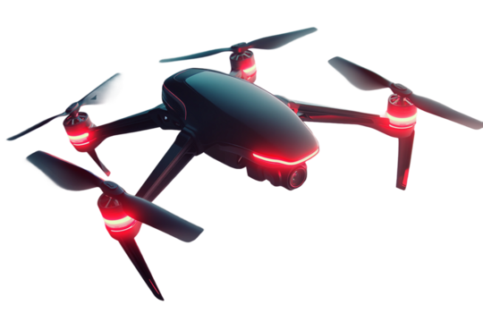 Drone with illuminated features flying mid-air isolated on transparent background