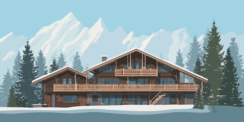 Illustrated large wooden alpine chalet with a snow-covered roof, balconies, and stone foundation.