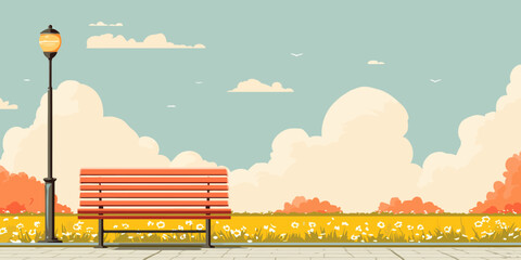 Serene park landscape illustration with an empty orange bench, a classic lamppost, and a field of white flowers under a cloudy sky.