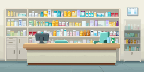 Modern drugstore interior with a checkout desk, computer, and shelves filled with pharmaceuticals.
