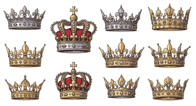 Collection of various ornate, detailed crowns, showcasing different designs and styles, isolated on white.