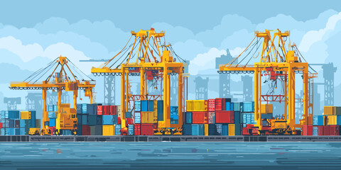 Stylized illustration of a bustling commercial seaport with yellow gantry cranes and stacked cargo containers.