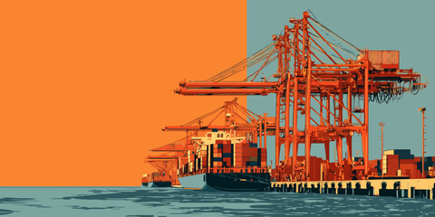 Stylized graphic illustration of a container ship and orange gantry cranes at a commercial dock.