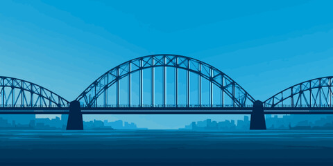 Fototapeta premium Stylized illustration of a large, three-arch steel truss bridge in monochromatic blue tones.