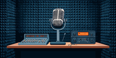 Illustrated vintage microphone and audio equipment on a desk in a soundproof recording booth.