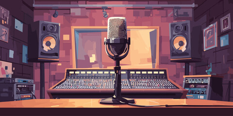 Retro-style music recording studio with a vintage microphone, mixing console, and speakers.