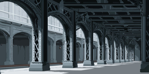 Stylized illustration of a deserted industrial train station with dark metal arched columns and strong shadows.