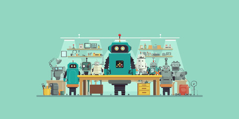 A diverse team of colorful, friendly cartoon robots assembled in a futuristic workshop.