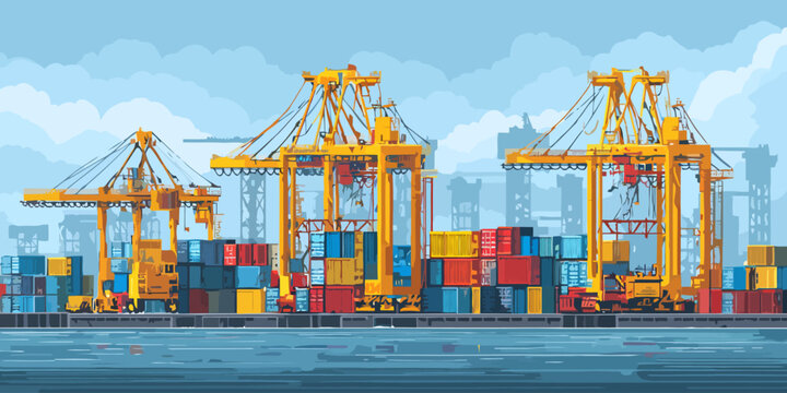 Stylized illustration of a bustling commercial seaport with yellow gantry cranes and stacked cargo containers.