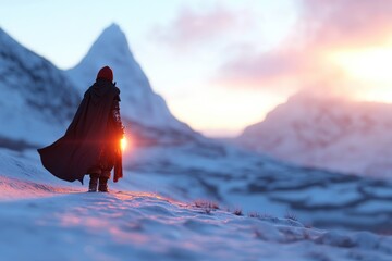 Person in cloak at sunrise mountain