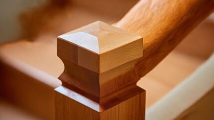 Close-up of wooden stair handrail and newel post