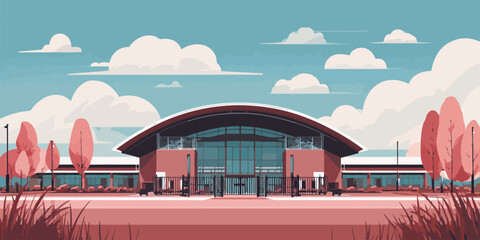 Modern building illustration with a large arched roof, glass facade, and gated entrance.