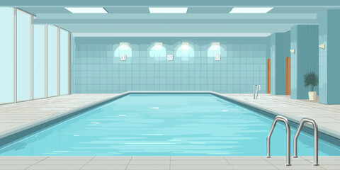 Empty indoor swimming pool with blue tiled walls, large windows, and calm water illustration.