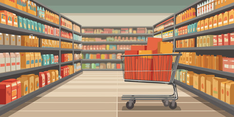 Flat design vector illustration of a supermarket aisle with a red shopping cart full of products.