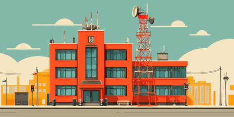 Fototapeta premium Vibrant orange-red building with a telecommunication tower and rooftop antennas.