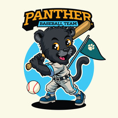 Cute cartoon black panther in baseball outfit holding a bat in character illustration