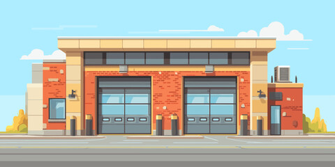 Flat vector illustration of a modern red brick fire station with two large garage bay doors.