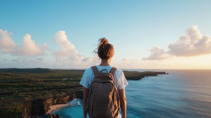 Fototapeta premium Person looking at landscape with backpack