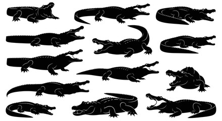 Dynamic black crocodile silhouettes showcasing varied aggressive poses and open jaws for powerful wildlife designs