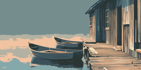 Two serene rowboats moored at a rustic wooden dock beside a weathered boathouse.