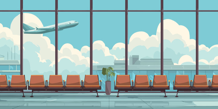 Illustrated airport departure lounge with empty orange seats and a view of a plane taking off through a large window.