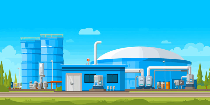 Vector illustration of a modern blue biogas plant with large tanks, a domed digester, and industrial pipes.