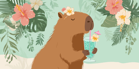 A relaxed cartoon capybara with a flower crown, sipping a refreshing blue tropical cocktail.