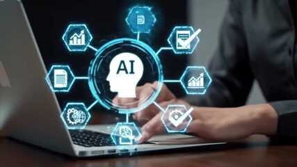 A professional individual engages with artificial intelligence software on a laptop. The setting highlights the integration of AI tools to enhance workflow efficiency