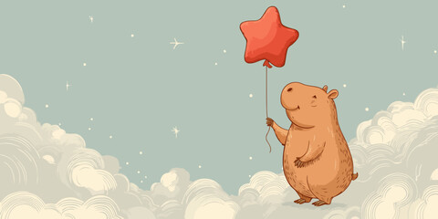 Naklejka premium Vintage-style illustration of a happy, chubby capybara holding a bright red star balloon.