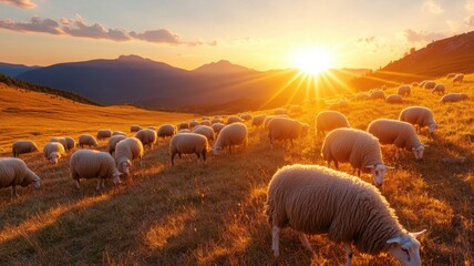 A flock of sheep grazing on a vast pasture under a wide sky in warm golden hues