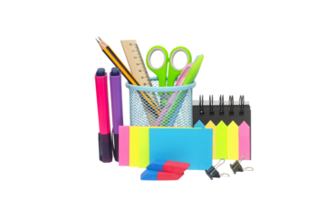 School and office supplies, pens, pencils, ruler, compass in a metal cup on a white background