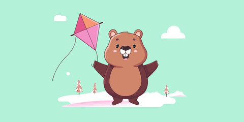 Naklejka premium Joyful cartoon groundhog with open arms and a happy expression holding a colorful pink kite.