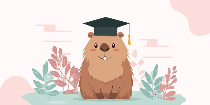 A charming, fluffy brown groundhog character wearing a graduation mortarboard hat and smiling happily.