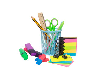 Obraz premium School and office supplies, pens, pencils, ruler, compass in a metal cup on a white background