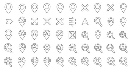 A collection of linear map icons and symbols, including location pins, direction arrows, and magnifying glasses, arranged in rows.