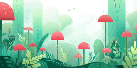 Obraz premium Vibrant red-capped mushrooms in a lush, stylized green forest with a watercolor texture.