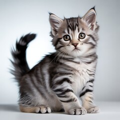 Obraz premium Adorable gray tabby kitten sitting on white background looking at camera
