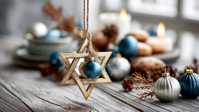 A wooden Star of David ornament hangs above a festive table. Blue and silver ornaments, candles, and traditional Hanukkah foods like latkes and sufganiyot are arranged.