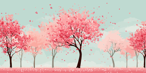 A stylized landscape of pink blossoming cherry trees with delicate falling petals.