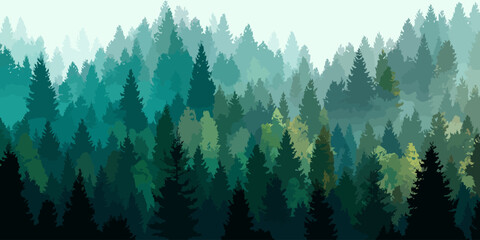 Obraz premium Stylized panoramic illustration of a dense, layered pine forest with a misty, atmospheric effect.