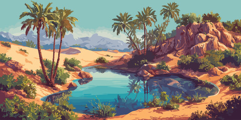 Vibrant desert oasis illustration with palm trees, sand dunes, and a clear blue pond.