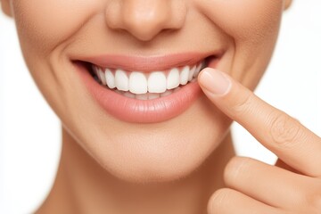 Obraz premium Close-up of smiling woman pointing to her healthy white teeth with index finger, dental care and oral hygiene concept, isolated on white background