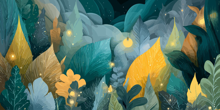 A dense, magical forest of stylized leaves in teal and gold, illuminated by glowing fireflies at night.