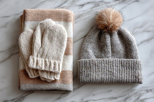 Soft neutral scarf gloves hat winter flatlay display  
