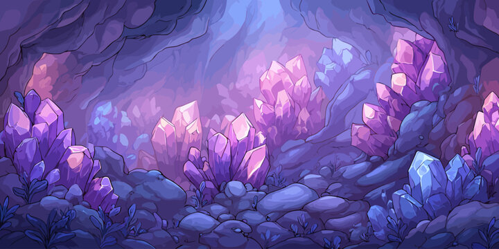 Mystical underground cave landscape with glowing purple, pink, and blue crystal formations and rocks.