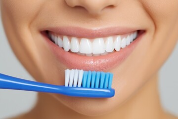 Close-up of smiling woman mouth with healthy white teeth and blue toothbrush in front, dental hygiene and oral care concept, isolated on grey background